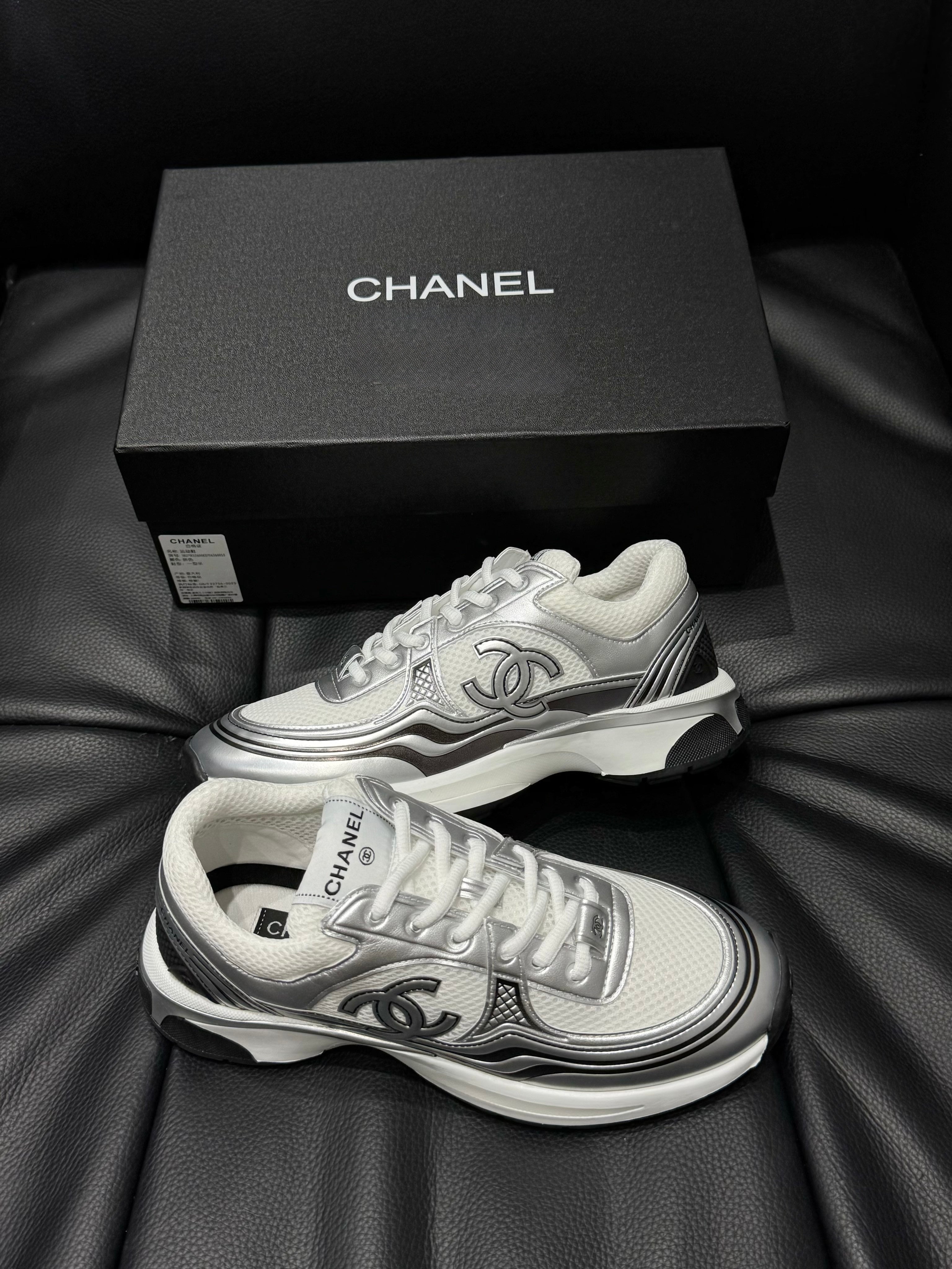 Chanel CC Logo White & Silver Metallic Runner Sneakers