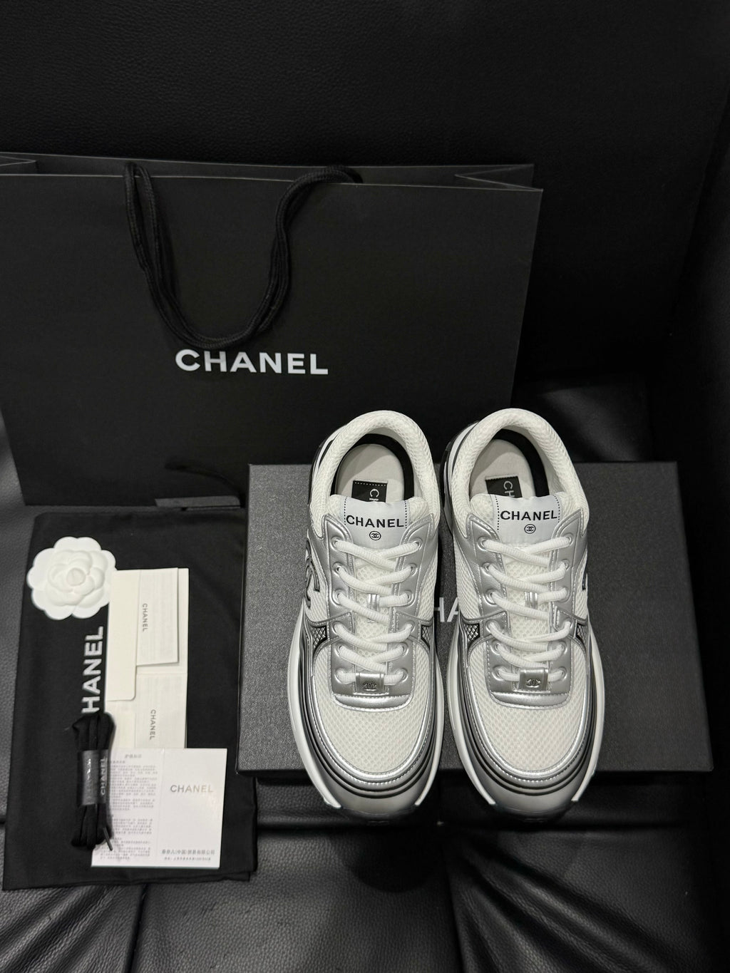 Chanel CC Logo White & Silver Metallic Runner Sneakers