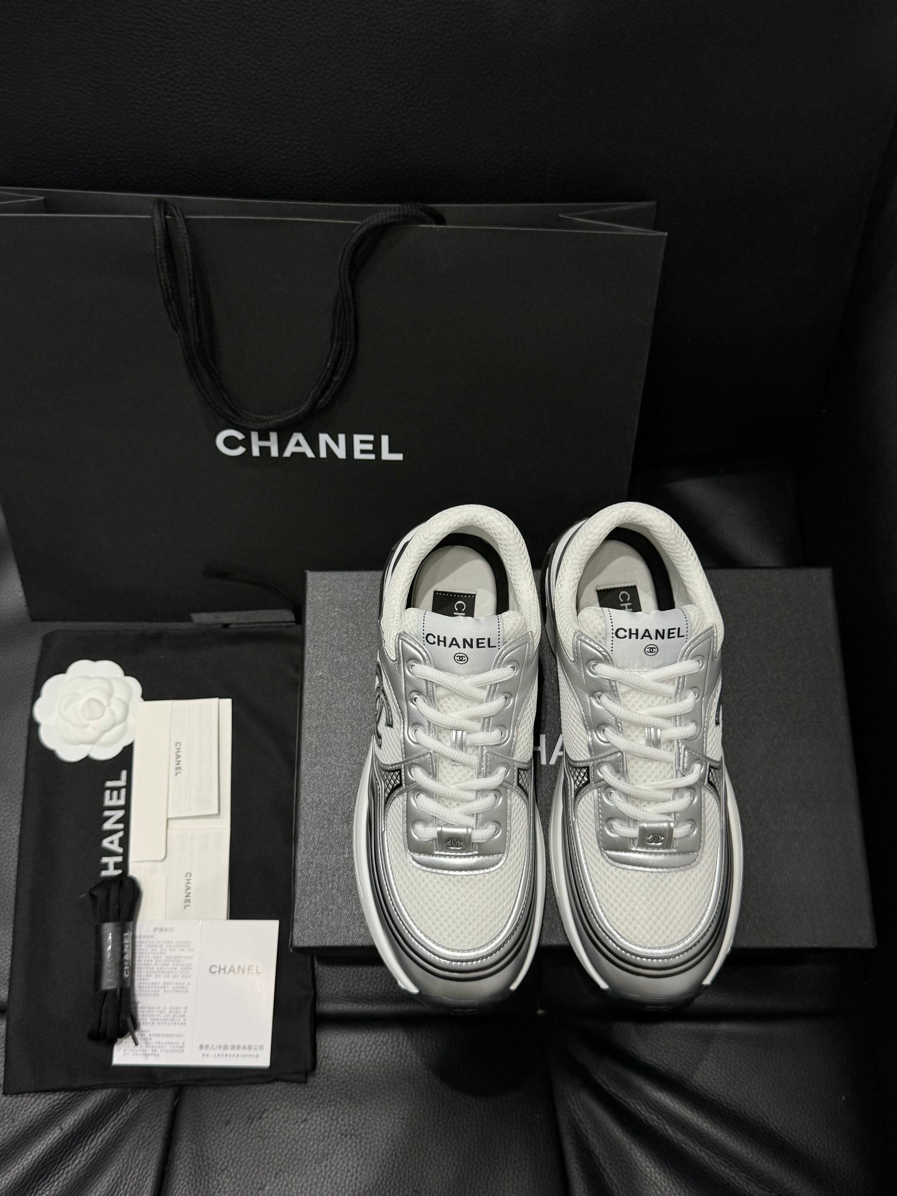 Chanel CC Logo White & Silver Metallic Runner Sneakers