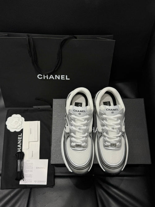 Chanel CC Logo White & Silver Metallic Runner Sneakers