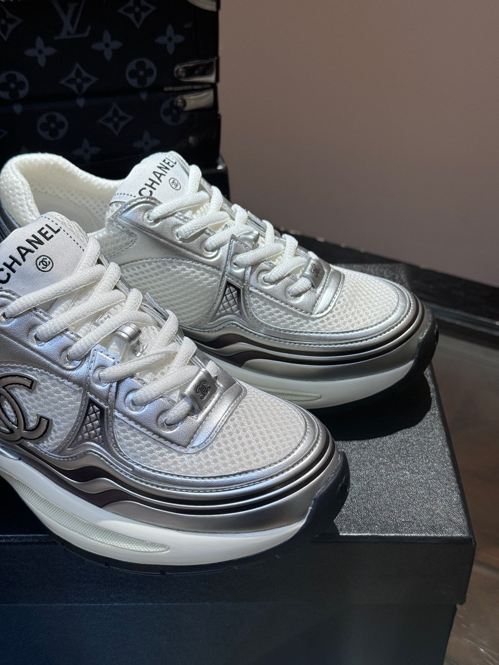 Chanel CC Logo White & Silver Metallic Runner Sneakers