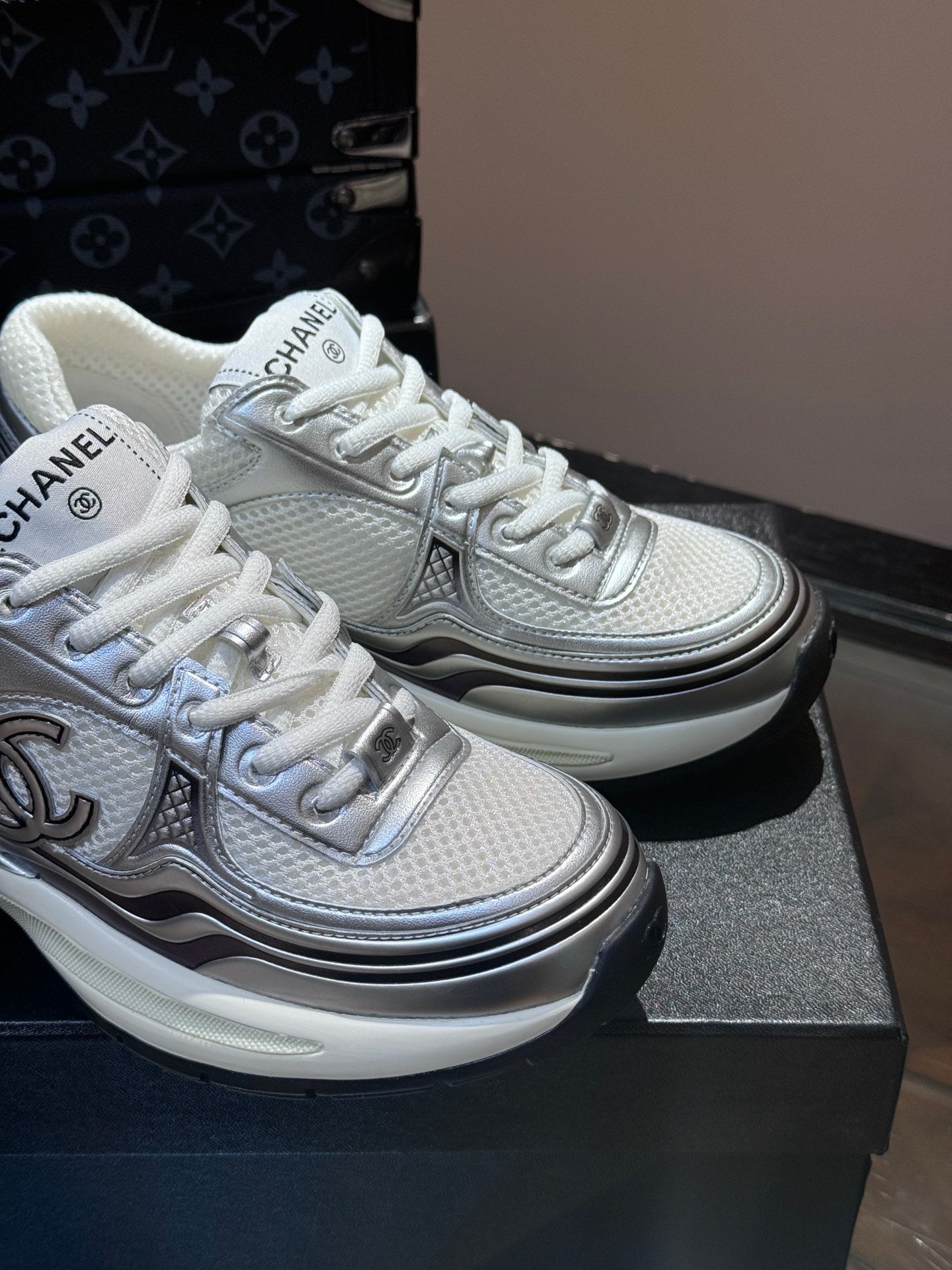 Chanel CC Logo White & Silver Metallic Runner Sneakers