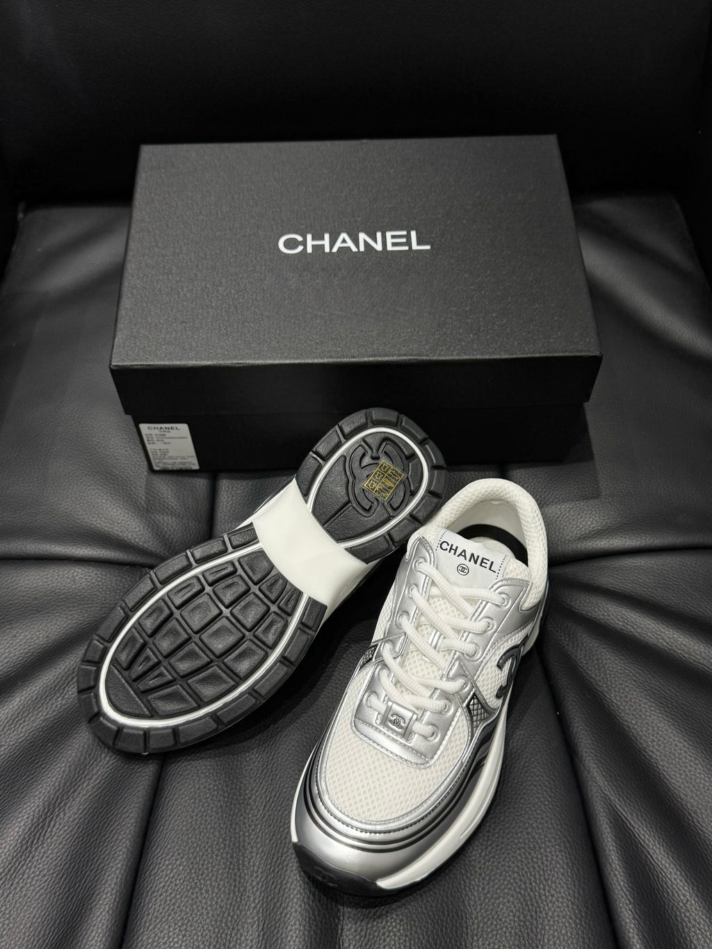 Chanel CC Logo White & Silver Metallic Runner Sneakers
